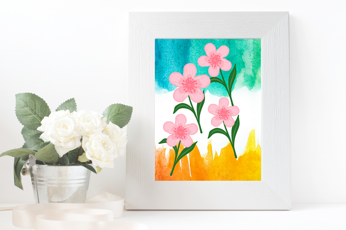 Pink Watercolour Flowers Painting | Living Room Wall Art Printable | Floral Decor