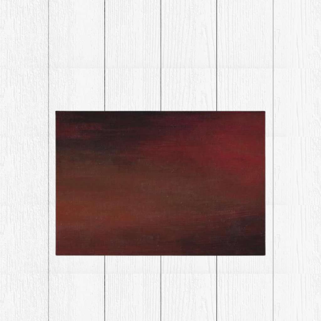 Abstract dessert canvas artwork with dark, blended tones of red, brown, and black, creating a moody gradient effect, placed against a white background