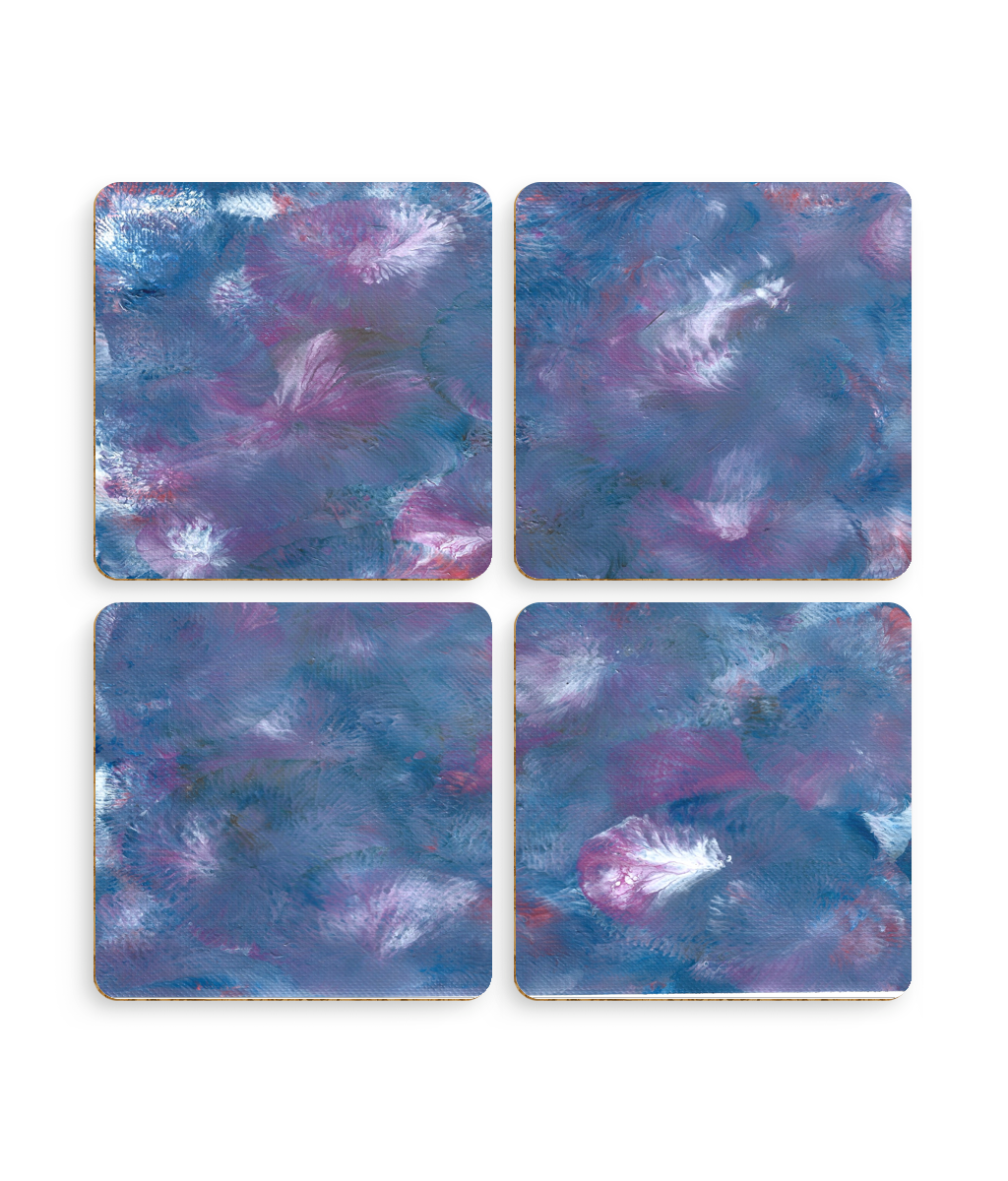 Pack of 4 Coasters A1 Abstract Blue-Purple Floral Acrylic Paint Wall Art