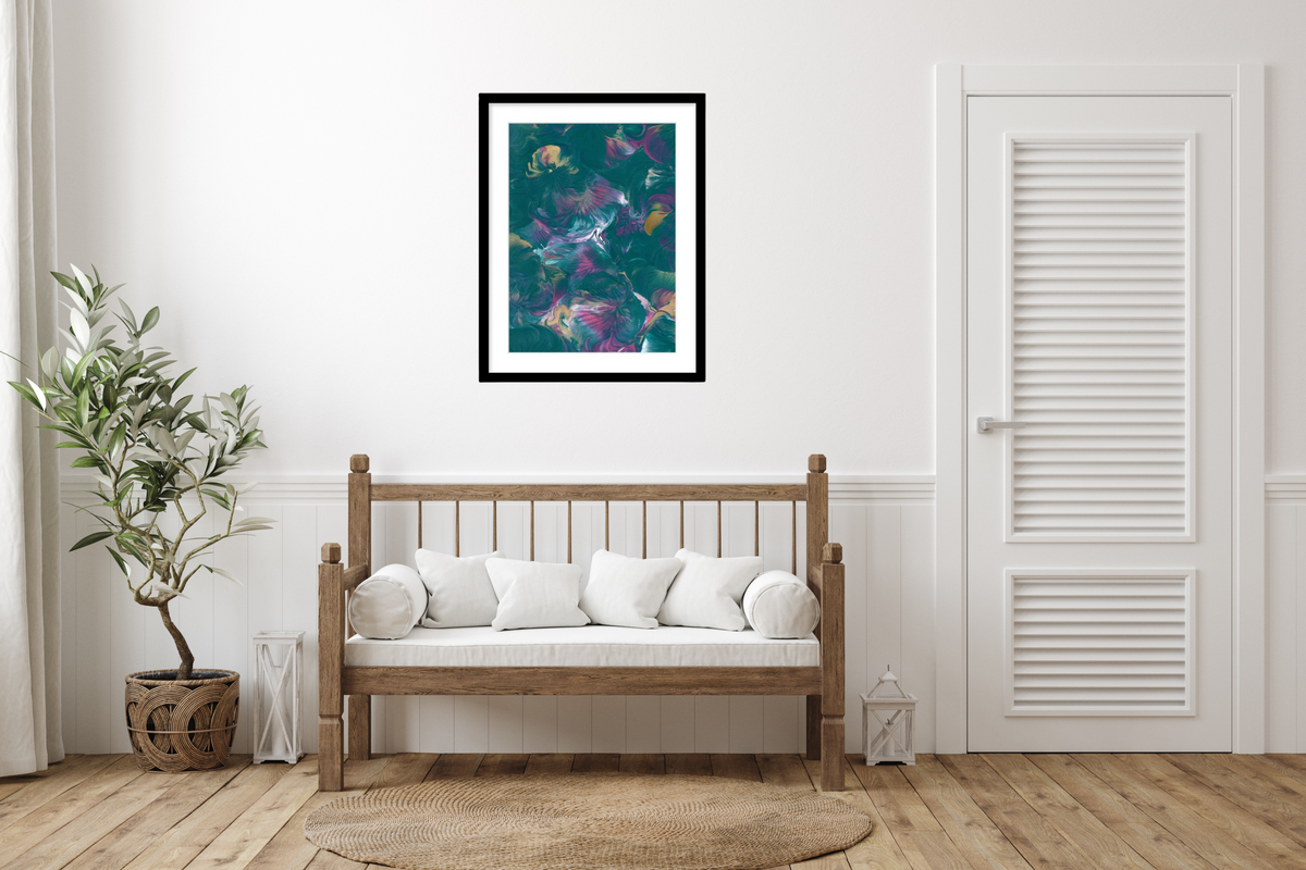 Contemporary floral abstract framed wall art featuring emerald teal and purple painterly textures available in A3 A2 A1