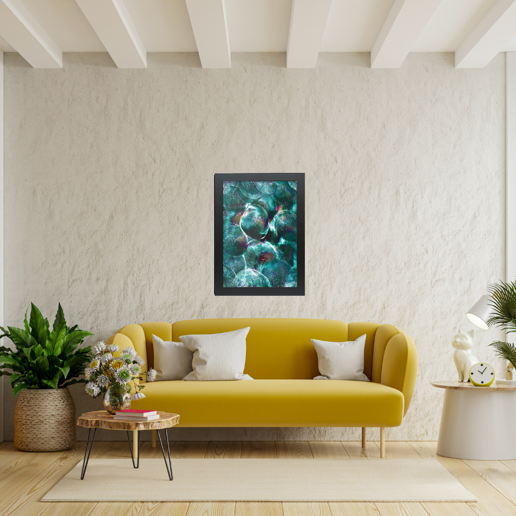 Emerald Eclipse abstract green wall art framed print styled in a modern interior