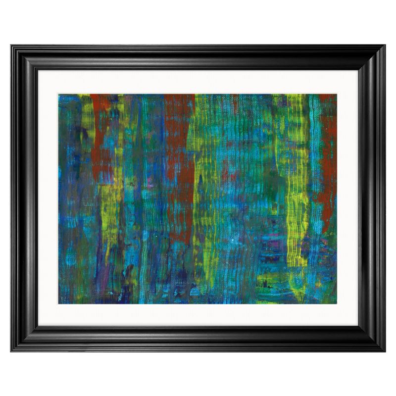 Abstract artwork featuring a mix of vibrant colours, including blue, green, yellow, and red, with vertical textured patterns in a black frame

