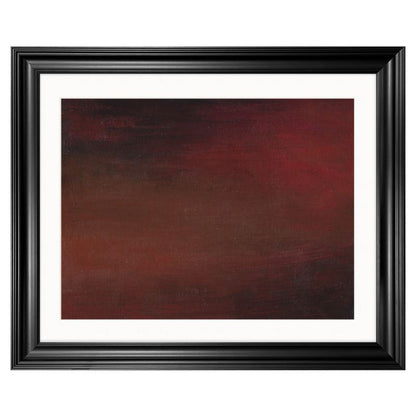 Abstract artwork with dark, blended tones of red, brown, and black, creating a moody gradient effect, placed against a white background.

