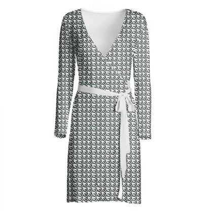 Brown and Dark Green Pattern Wrap Dress