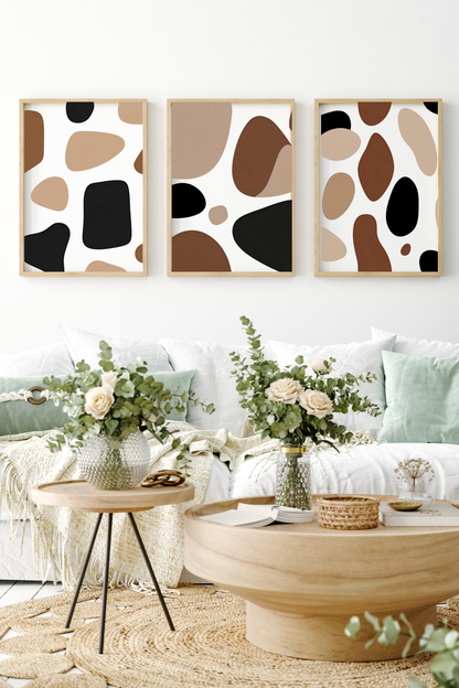 Set of 3 Trendy Wall Art Prints | Brown and Black Geometric Abstract Wall Décor | Modern Living Room Wall Art | Digital Download
