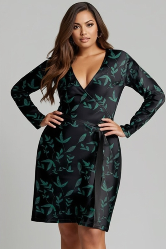 Botanical Design Black Wrap Dress