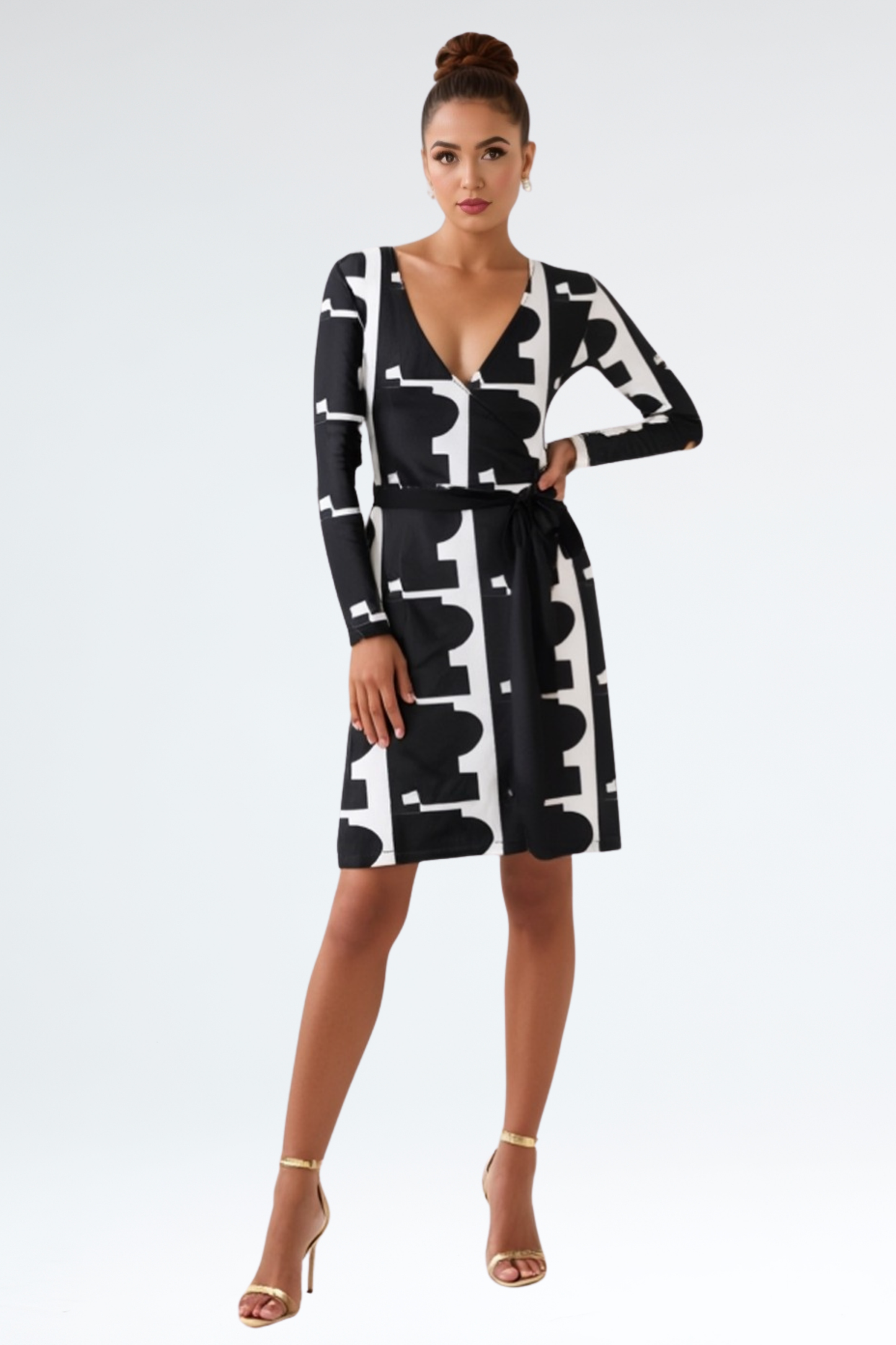 Black and white abstract print wrap dress