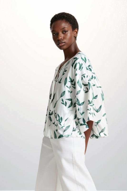 Botanical leaf kimono with white background