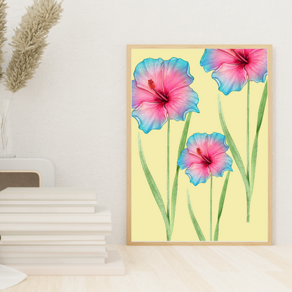 Blue and Pink Two-Toned Watercolour Flowers Painting | Vintage Botanical Wall Art for Living Room Wall Art Decor