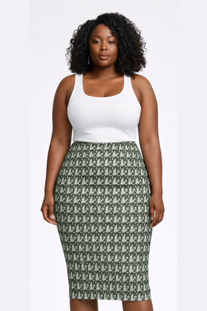 Green and Brown Pattern Pencil Skirt