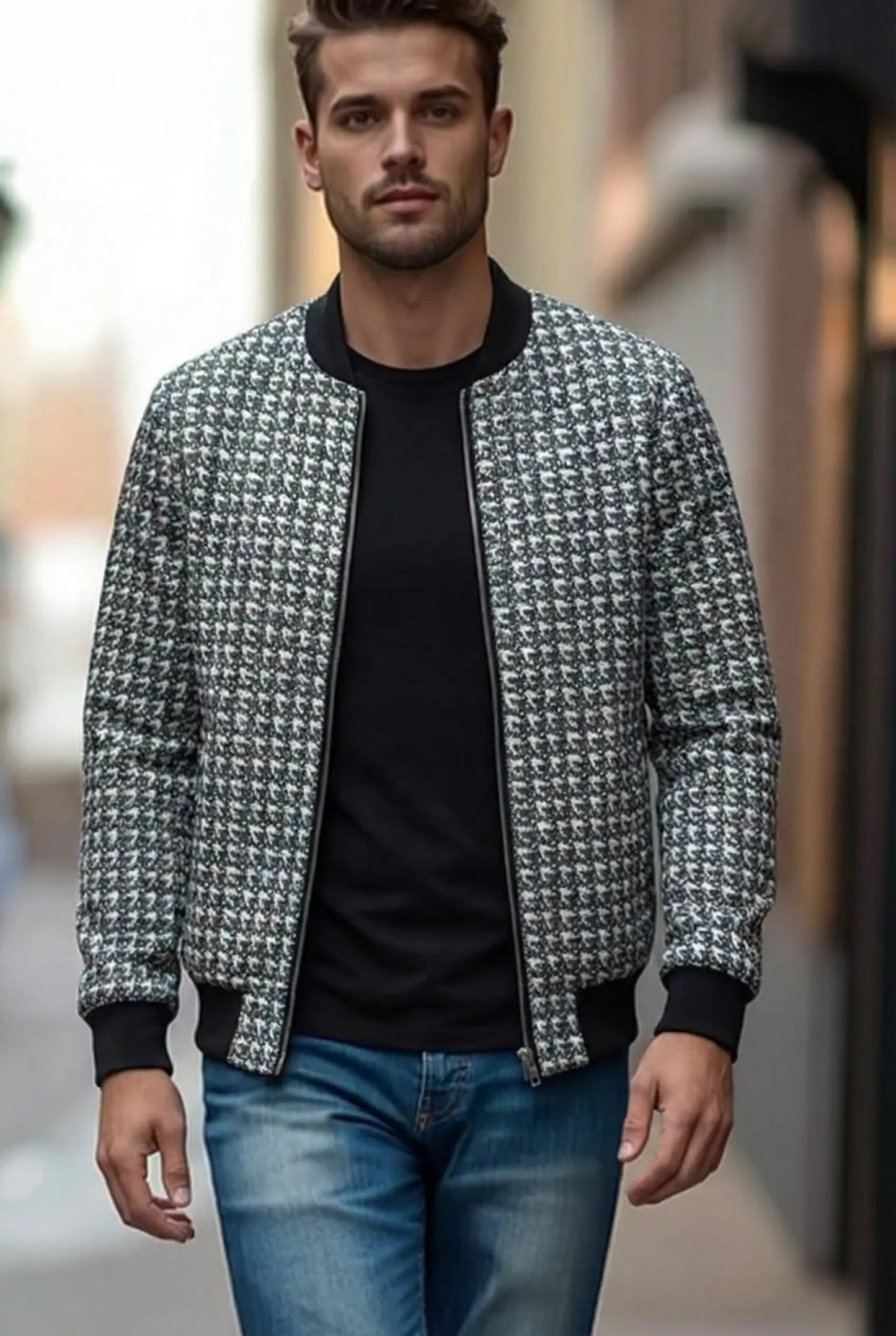 Brown and Dark Green Pattern Men's Bomber Jacket