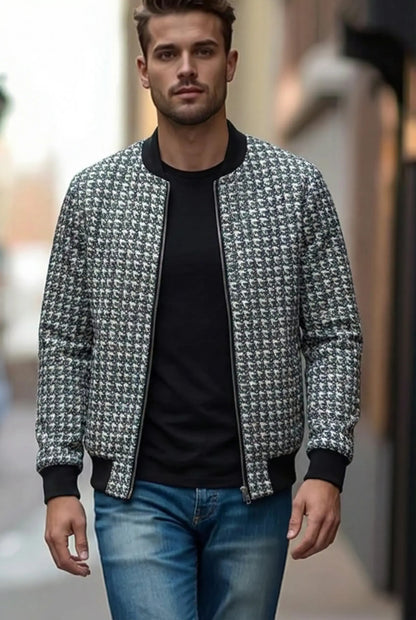 Brown and Dark Green Pattern Men's Bomber Jacket