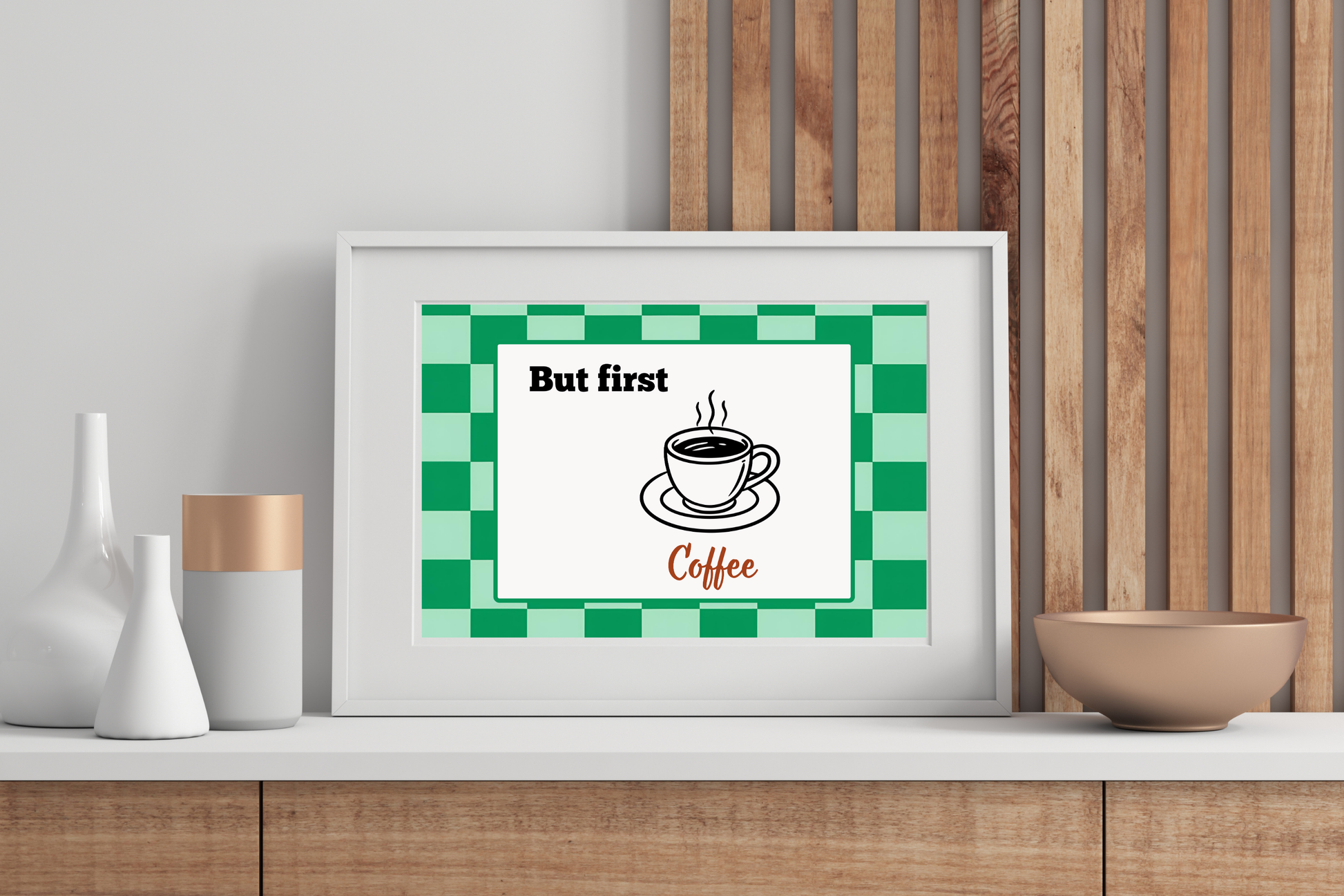 Relaxation space with minimalist decor and a vibrant retro green poster print for coffee lovers with the caption "But first Coffee."