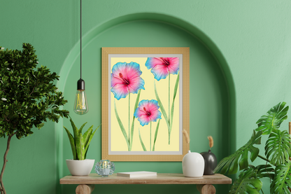Blue and Pink Two-Toned Watercolour Flowers Painting | Vintage Botanical Wall Art for Living Room Wall Art Decor