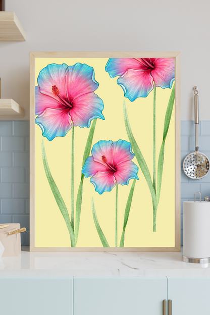 Blue and Pink Two-Toned Watercolour Flowers Painting | Vintage Botanical Wall Art for Living Room Wall Art Decor