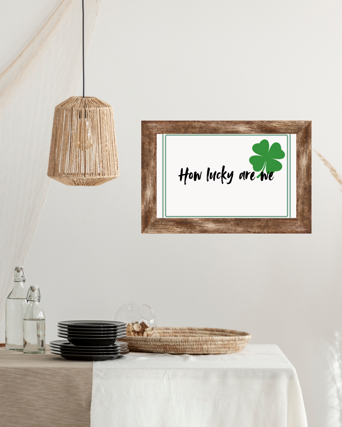 Scandinavian printable wall art with How Lucky Are We quote and green clover