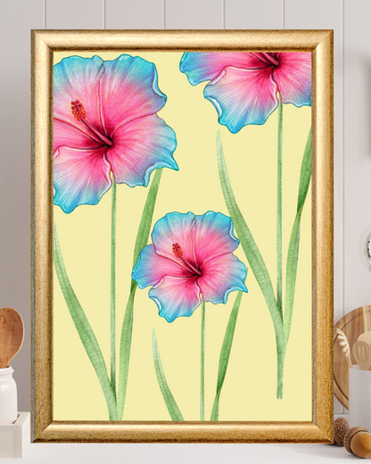 Blue and Pink Two-Toned Watercolour Flowers Painting | Vintage Botanical Wall Art for Living Room Wall Art Decor