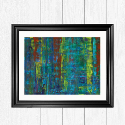 Abstract artwork featuring a mix of vibrant colors, including blue, green, yellow, and red, with vertical textured patterns, in a black frame hanging up against a Scandinavian white background.


