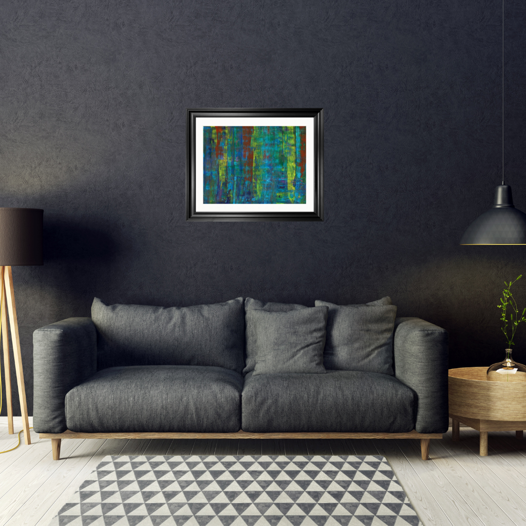Abstract artwork featuring a mix of vibrant colors, including blue, green, yellow, and red, with vertical textured patterns hanging up in a modern living room with grey walls and grey sofa

