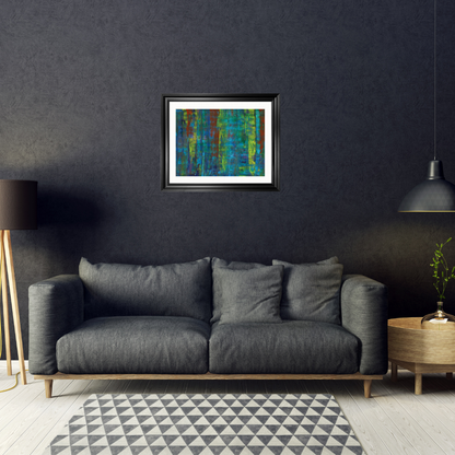 Abstract artwork featuring a mix of vibrant colors, including blue, green, yellow, and red, with vertical textured patterns hanging up in a modern living room with grey walls and grey sofa

