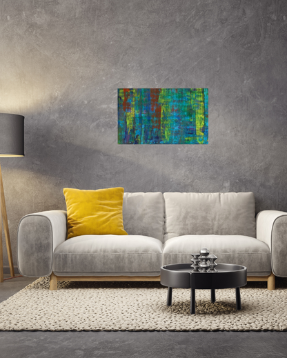 Abstract canvas artwork featuring a mix of vibrant colors, including blue, green, yellow, and red, with vertical textured patterns hanging up in a modern living room set against a grey background with light grey sofa.