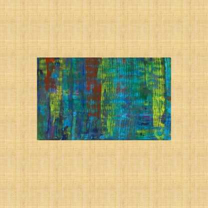 Abstract canvas artwork featuring a mix of vibrant colors, including blue, green, yellow, and red, with vertical textured patterns, set against a mustard yellow background.