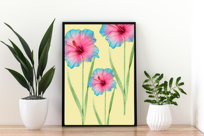 Blue and Pink Two-Toned Watercolour Flowers Painting | Vintage Botanical Wall Art for Living Room Wall Art Decor