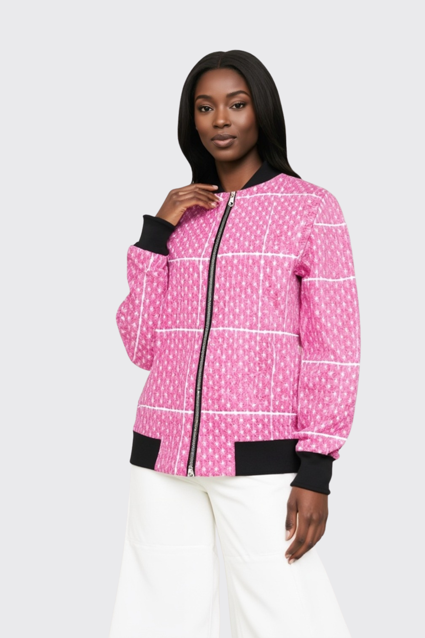 Pink and White Patterned Bomber Jacket
