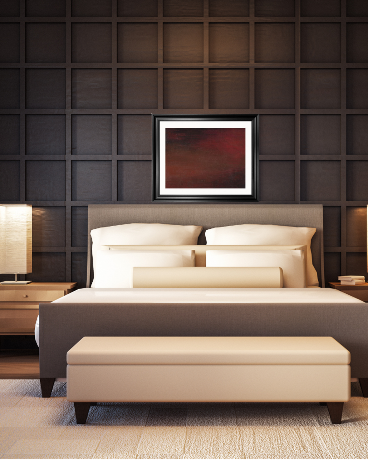 Abstract artwork with dark, blended tones of red, brown, and black, creating a moody gradient effect hanging up in a black frame in a luxury bedroom

