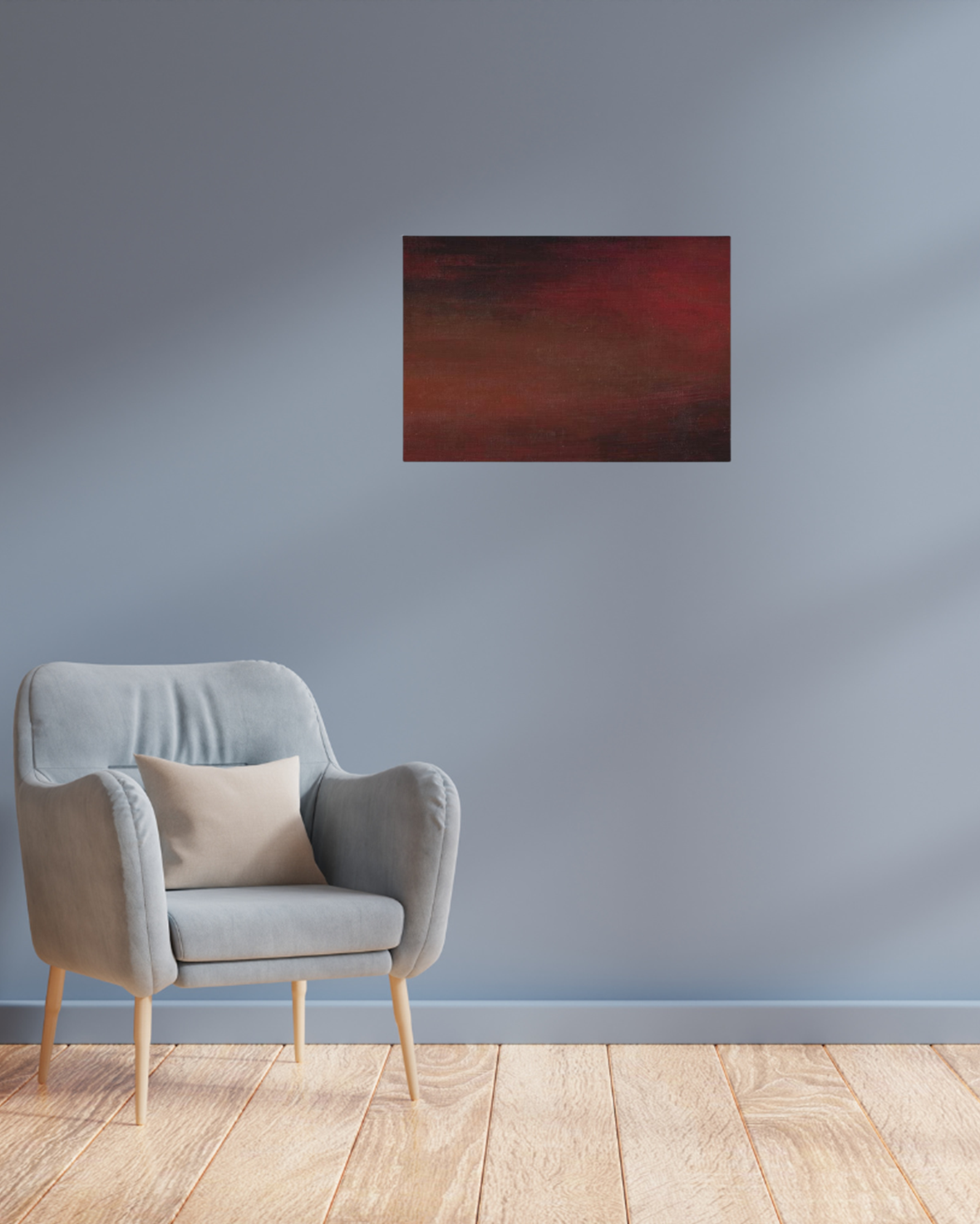 Abstract Canvas art with dark, blended tones of red, brown, and black, creating a moody gradient effect, placed against a  grey background in a minimalist room.

