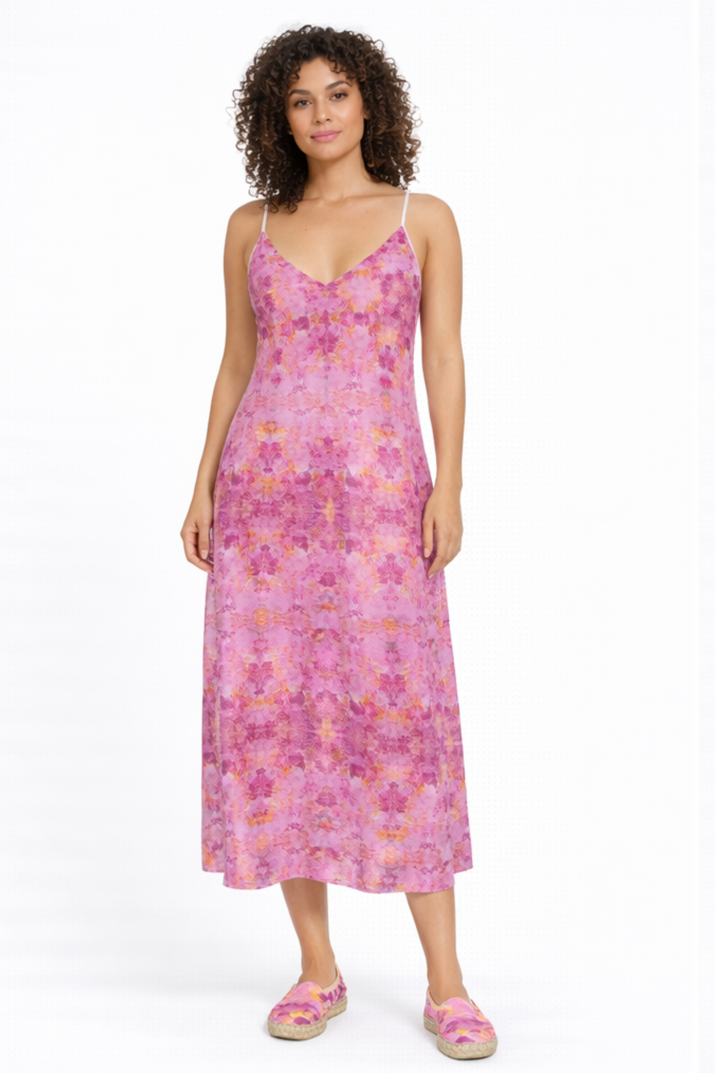 Model wearing Summer Blooms Pink floral  Slip Dress-Front