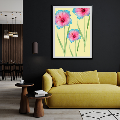 Blue and Pink Two-Toned Watercolour Flowers Painting | Vintage Botanical Wall Art for Living Room Wall Art Decor