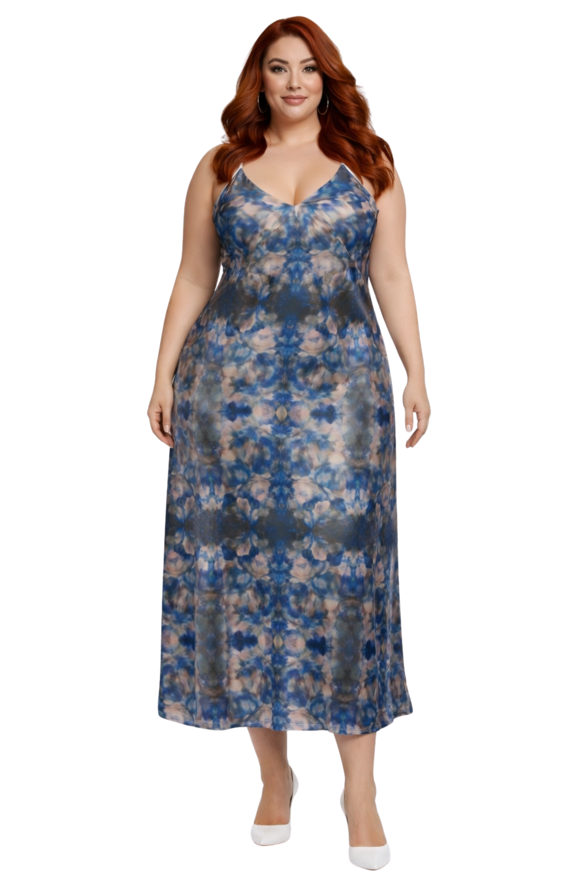 Blue mirrored pattern satin slip dress - front