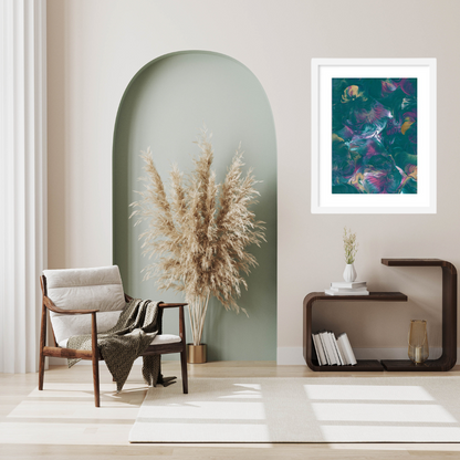 Modern floral abstract wall art white-framed print with gallery border. Available in sizes A3 A2 A1 for contemporary home décor