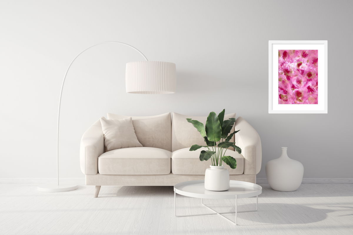 A2 framed contemporary flower artwork inspired by petunias for stylish living rooms, bedrooms and home offices.