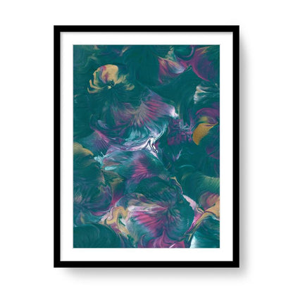 A2 framed abstract wall art print with a white border hanging in a modern minimalist living room