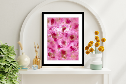 A1 framed modern botanical wall art featuring vibrant abstract flowers with white mount and sophisticated gallery styling.