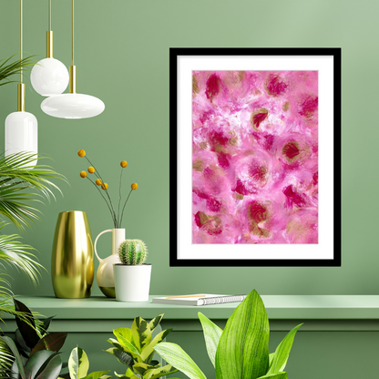 A2 abstract botanical wall décor featuring layered blush and fuchsia floral textures with elegant white mount.