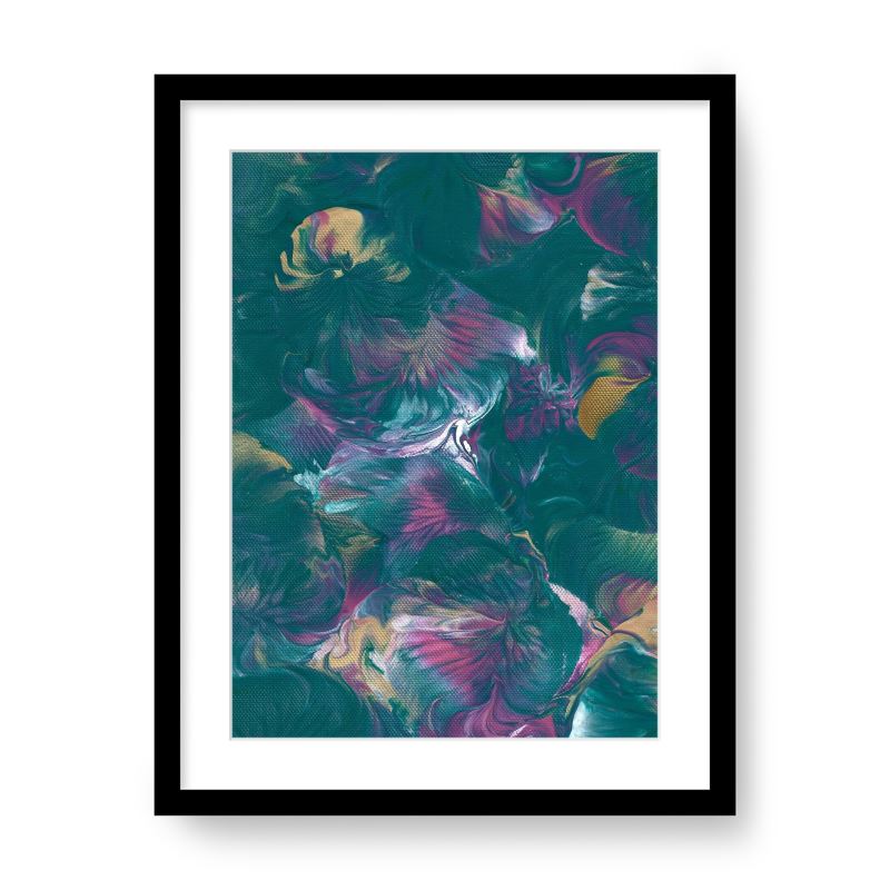 Luxury botanical abstract art print with teal purple and emerald tones framed with classic border available in A3 A2 and A1