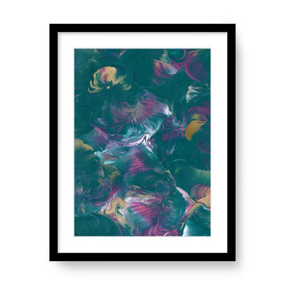 Luxury botanical abstract art print with teal purple and emerald tones framed with classic border available in A3 A2 and A1