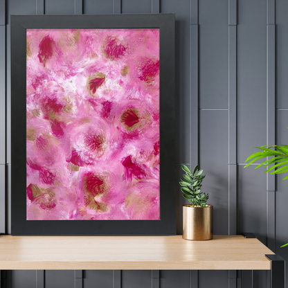 A2 modern abstract flower artwork with vibrant pink botanical textures in a contemporary black frame.