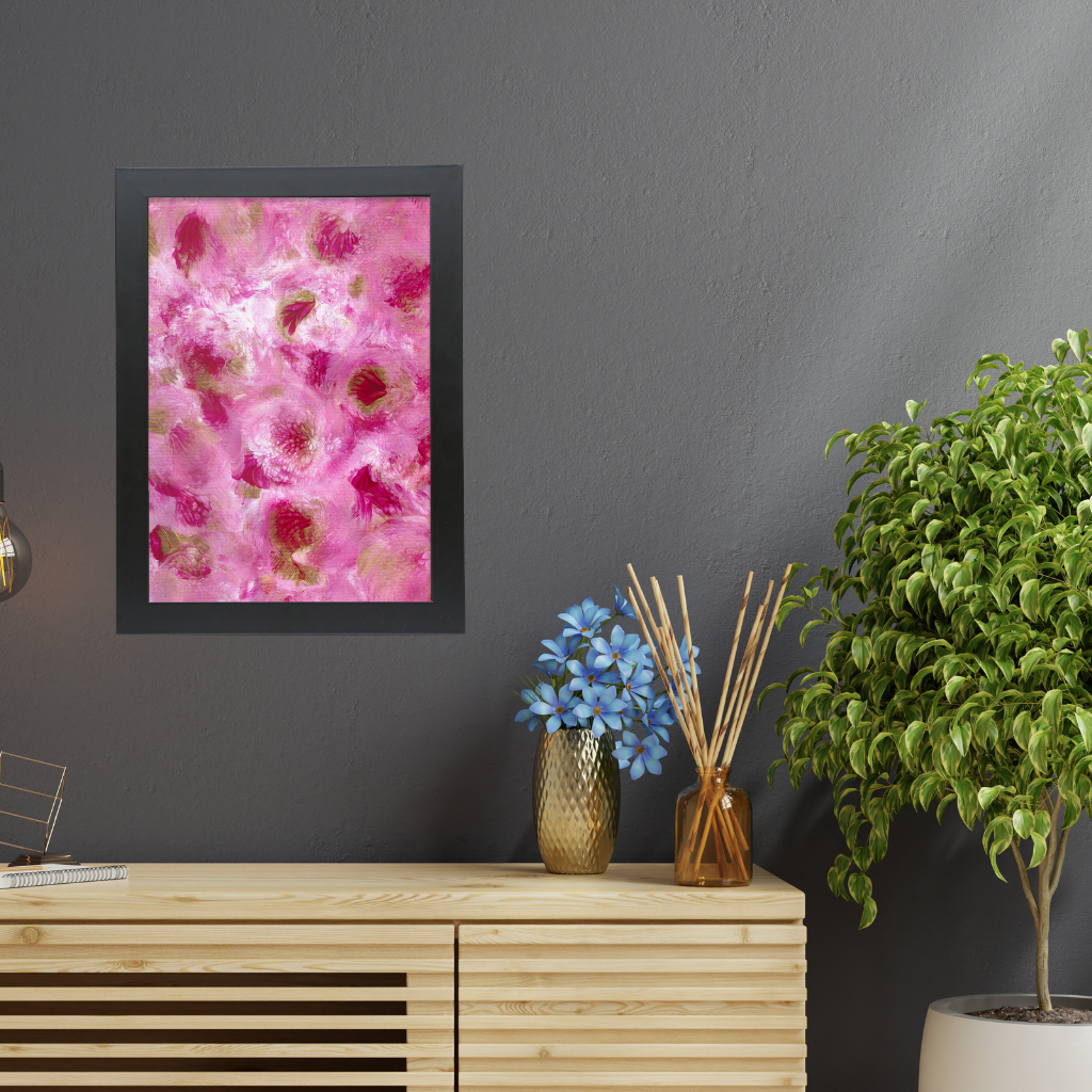 Petunias abstract floral wall art A2 framed print without white border featuring expressive pink botanical blooms by Renée Kaye.