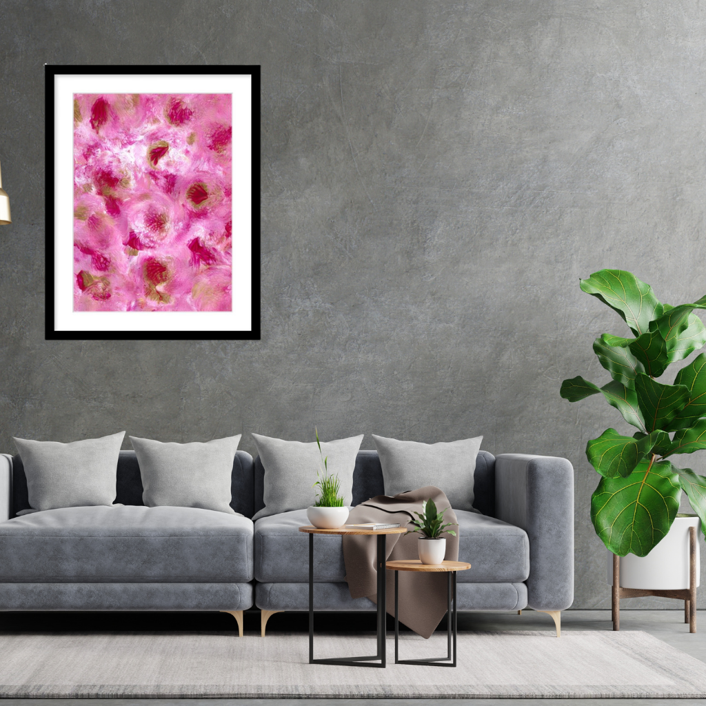 Petunias abstract floral wall art A1 framed statement print featuring pink botanical blooms with classic gallery border by Renée Kaye.