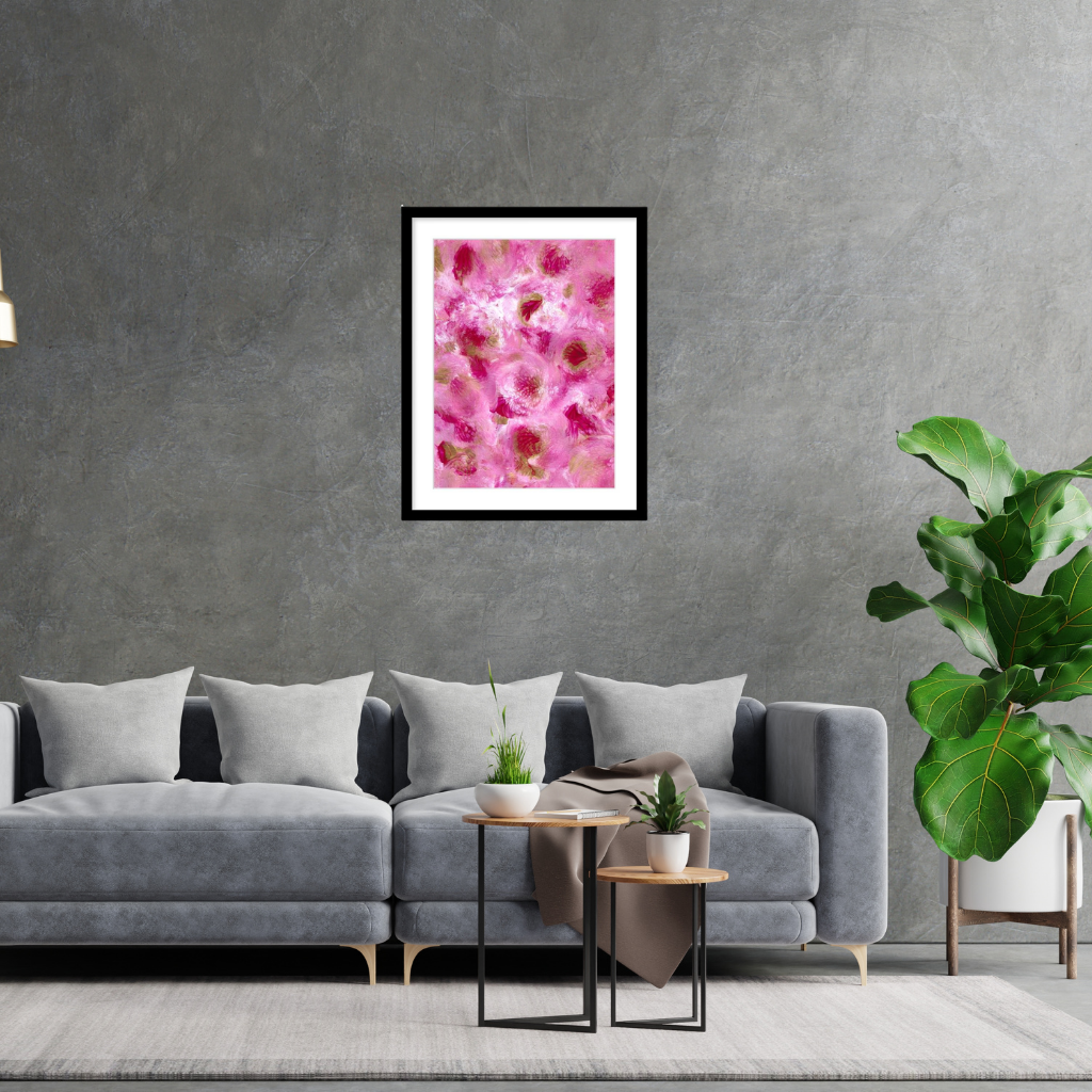 Petunias abstract floral wall art A2 framed print with classic border showcasing contemporary pink botanical artwork by Renée Kaye.
