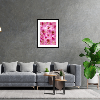 Petunias abstract floral wall art A2 framed print with classic border showcasing contemporary pink botanical artwork by Renée Kaye.