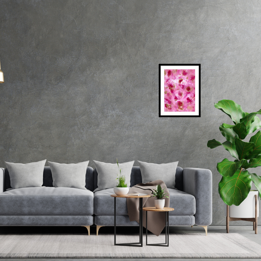 Petunias abstract floral wall art A3 framed print with classic white border featuring expressive pink botanical blooms by Renée Kaye.