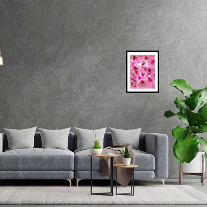 Petunias abstract floral wall art A3 framed print with classic white border featuring expressive pink botanical blooms by Renée Kaye.