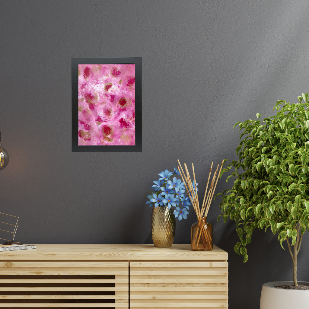 Petunias abstract floral wall art A3 framed print without white border featuring expressive pink botanical blooms by Renée Kaye.