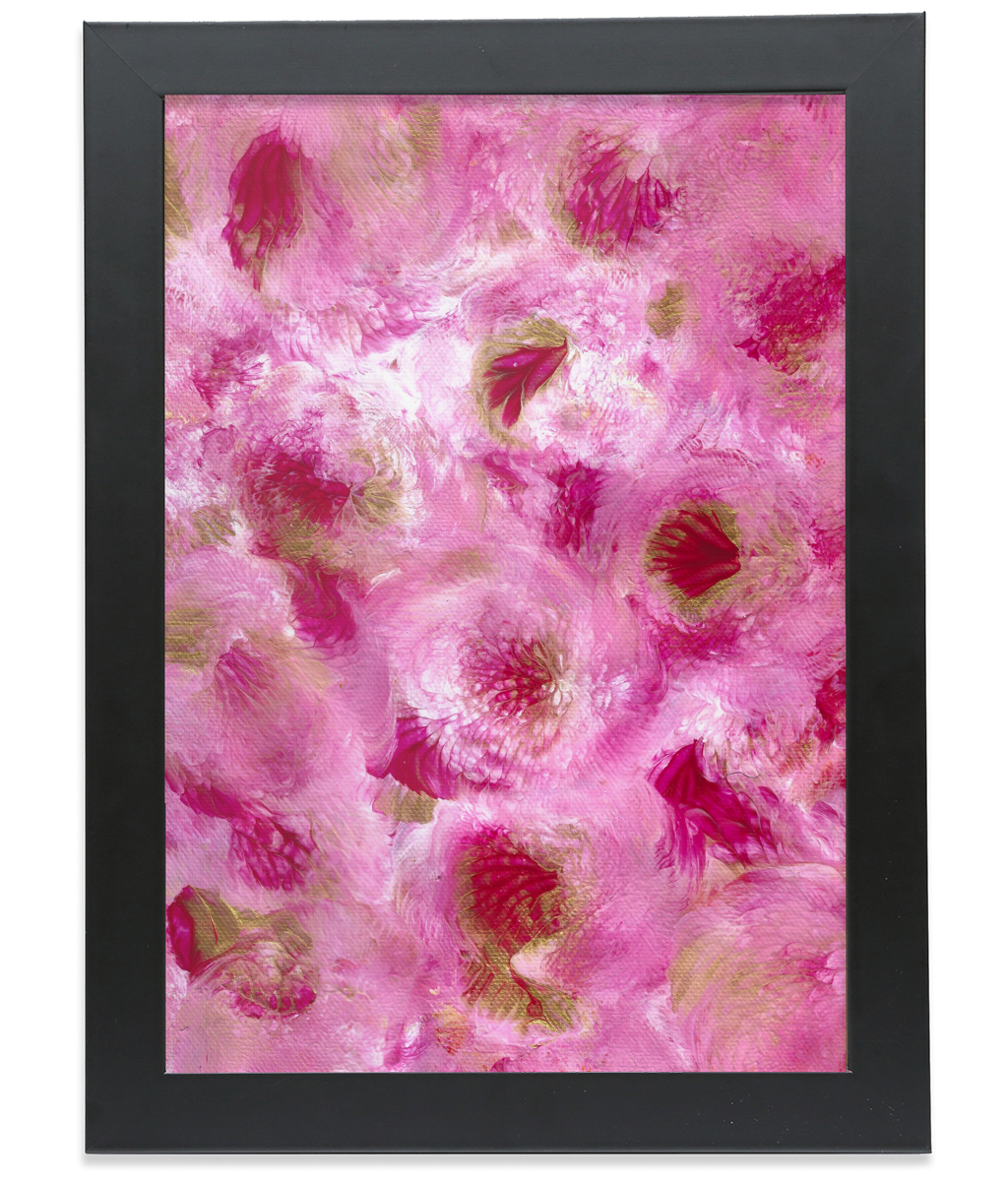 A2 contemporary pink abstract flower print in a sleek black frame without mount for elegant home décor.