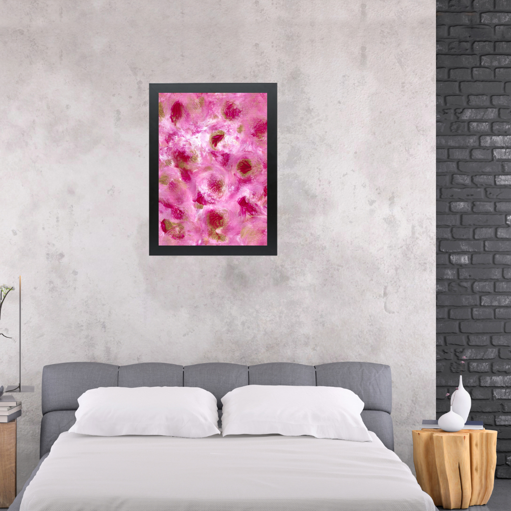 A2 abstract botanical artwork inspired by petunias featuring layered blush and fuchsia flowers.